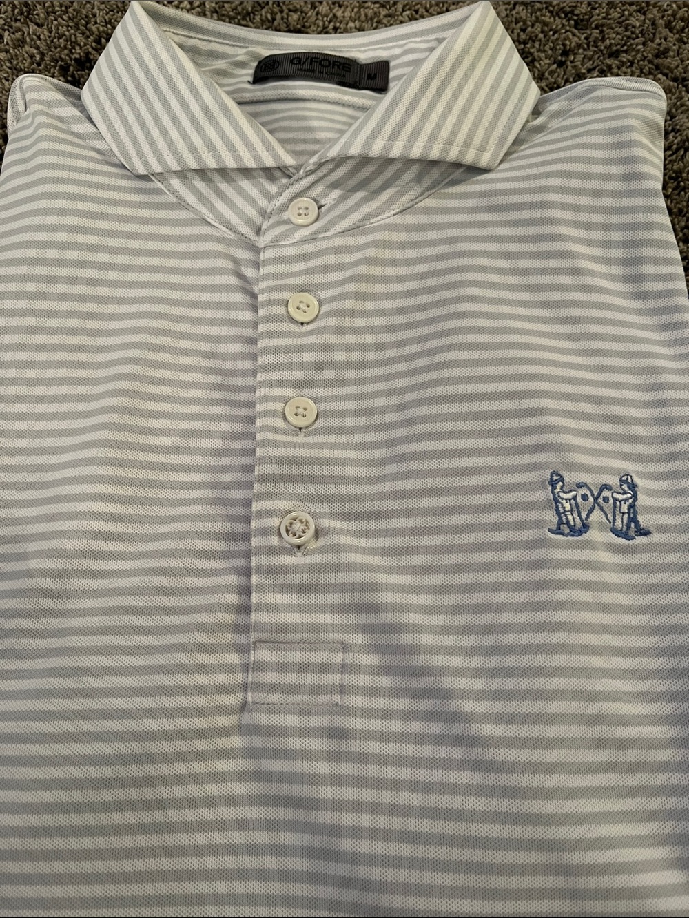G/FORE Light Gray and White Striped Polo. Medium. Small stain see pic.